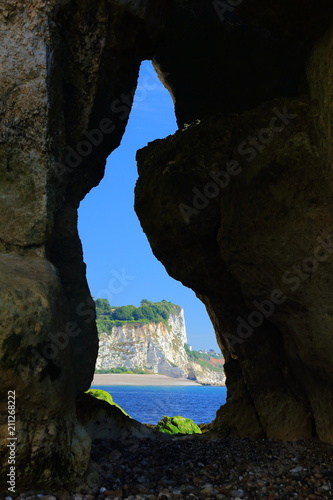 View from sea cave of The Hall beneath Beer Head in East Devon on the Jurassic Coast