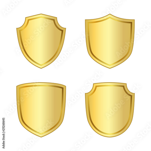 Gold shield shape icons set. 3D golden emblem signs isolated on white background. Symbol of security, power, protection. Badge shape shield graphic design. Vector illustration