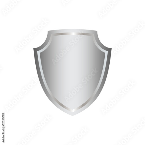 Silver shield shape icon. 3D gray emblem sign isolated on white background. Symbol of security, power, protection. Badge shape shield graphic design. Vector illustration photo