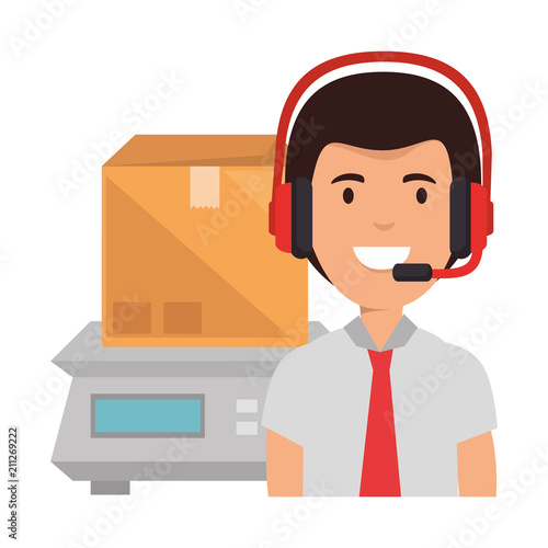 logistic worker with headset and gramer measure photo