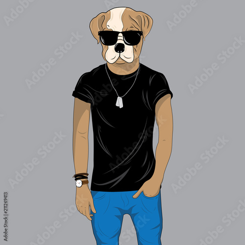 Bulldog dressed up in black t-shirt and sunglasses