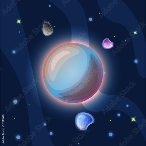 Triton, vector cartoon illustration. Blue Triton, largest satellite of Neptun of Solar system in dark deep blue space, isolated on blue background