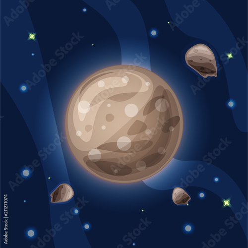 ganymede, vector cartoon illustration. The largest and massive moon of Jupiter, Ganimed, of Solar system in dark deep blue space, isolated on blue background