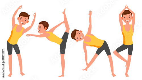 Yoga Man Poses Set Vector. Girl. Yoga Poses. Doing Yoga Workout. Flat Cartoon Illustration