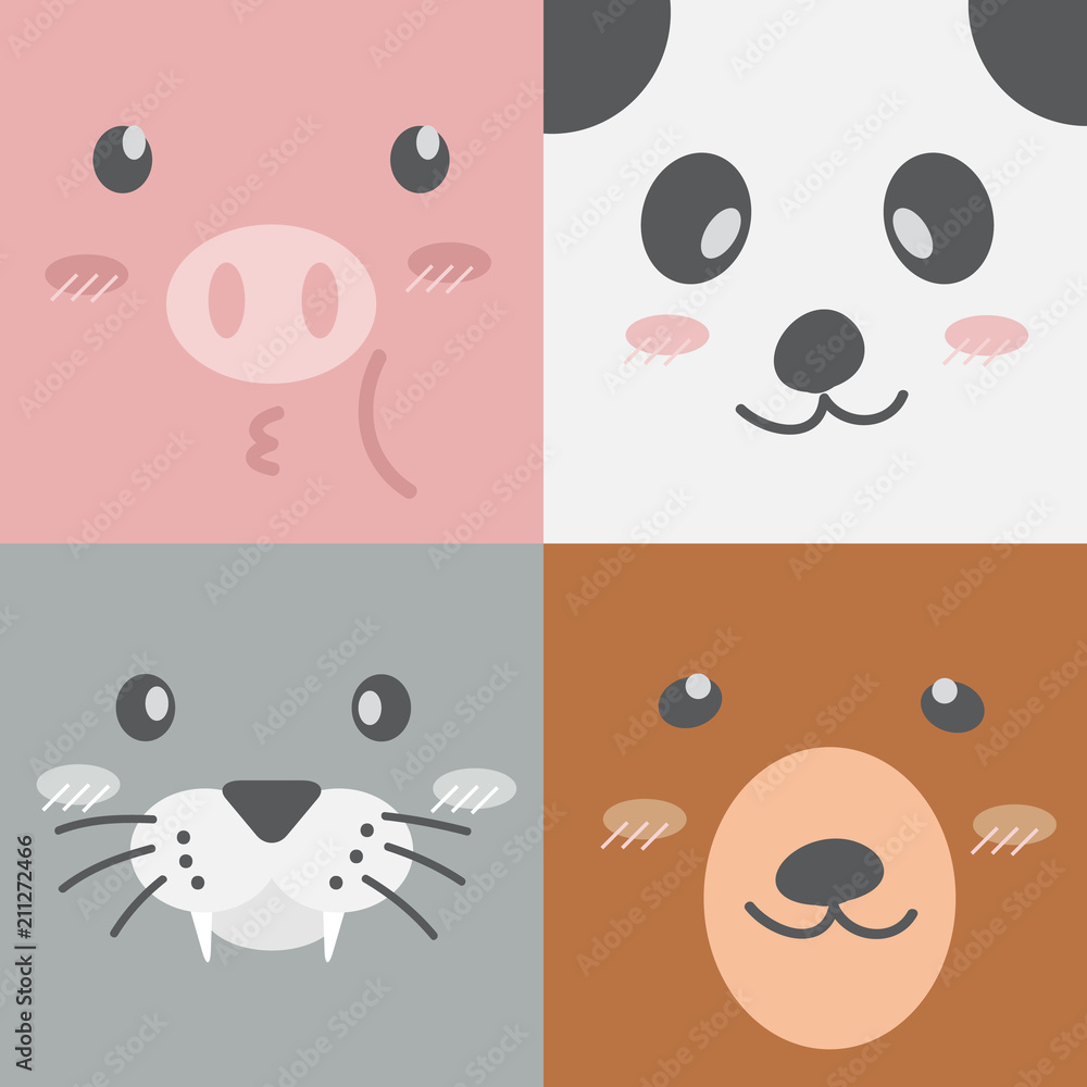 Cute adorable square animals cartoon faces pig panda seal bear wallpaper  Stock Vector | Adobe Stock