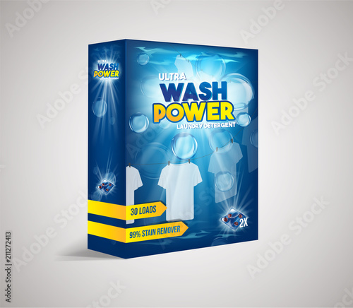 Laundry detergent box add. White clothes hanging out to dry with bubbles .Product package design.