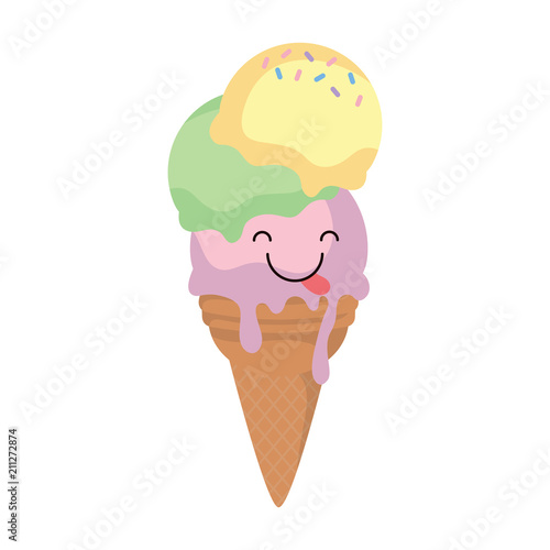 kawaii ice cream cone icon over white background, colorful design. vector illustration