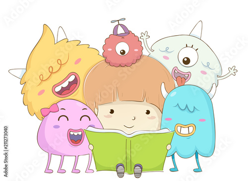 Kid Boy Read Book Monsters Illustration