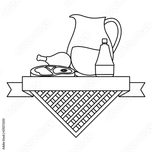 picnic food emblem with lemonade pitcher and related icons over white background, vector illustration