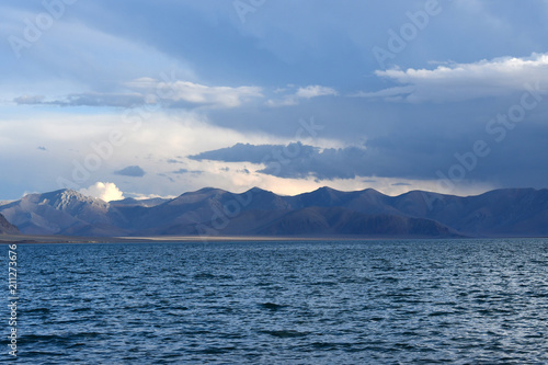 Western Tibet. Sacred lake Dangra  Dang Ra Gyu Tso  in summer evening in cloudy weather