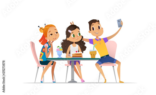 Two girls and boy meeting at the cafe a and taking selfie. Teenagers friends at the restaurant taking photo on phone. Smiling students having coffee-break and taking self-portrait.