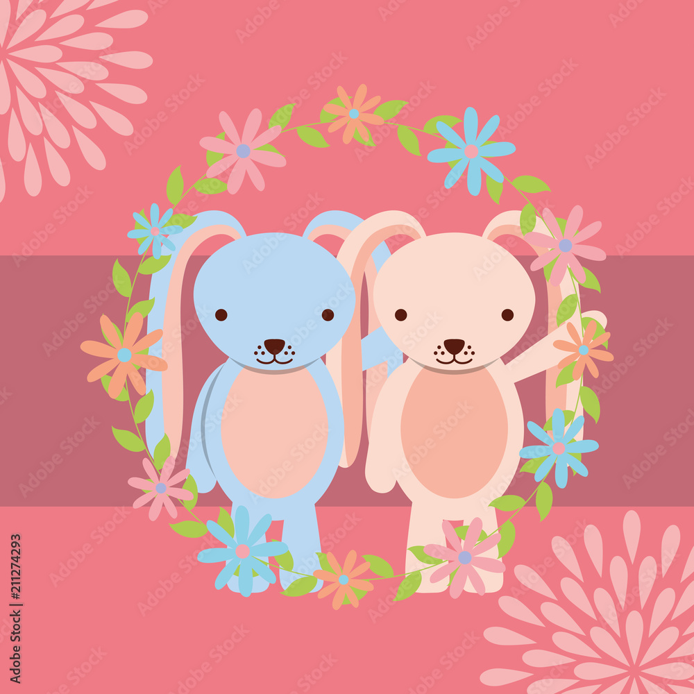 cute couple rabbits boy and girl floral decoration
