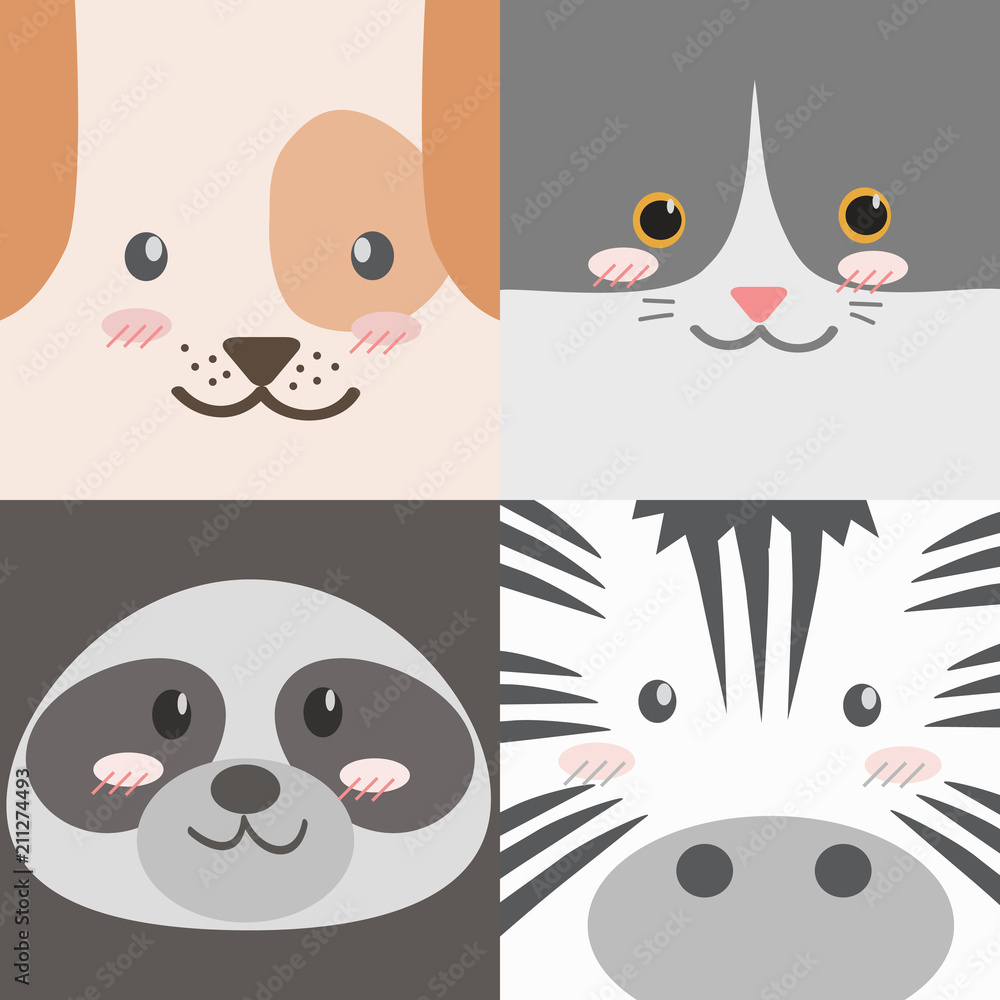 Naklejka premium Cute adorable square animals cartoon faces dog cat raccoon zebra puppy kitten wallpaper