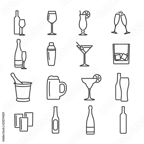 Vector image set of alcohol line icons.