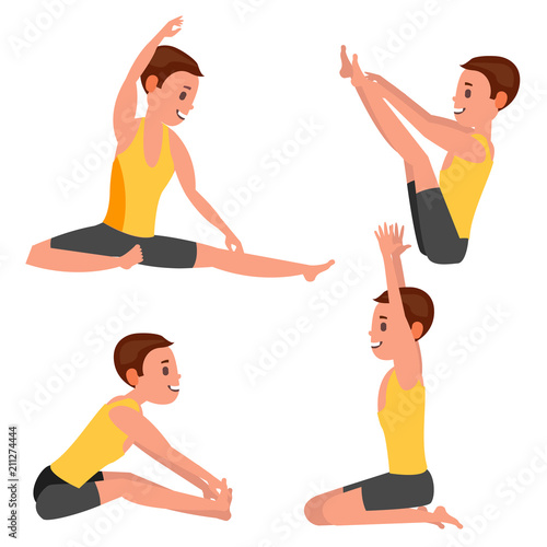 Yoga Male Vector. In Action. Meditation Positions. Flexible Girl. Cartoon Character Illustration