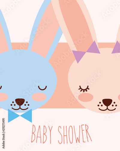 cute faces blue and pink rabbits baby shower card