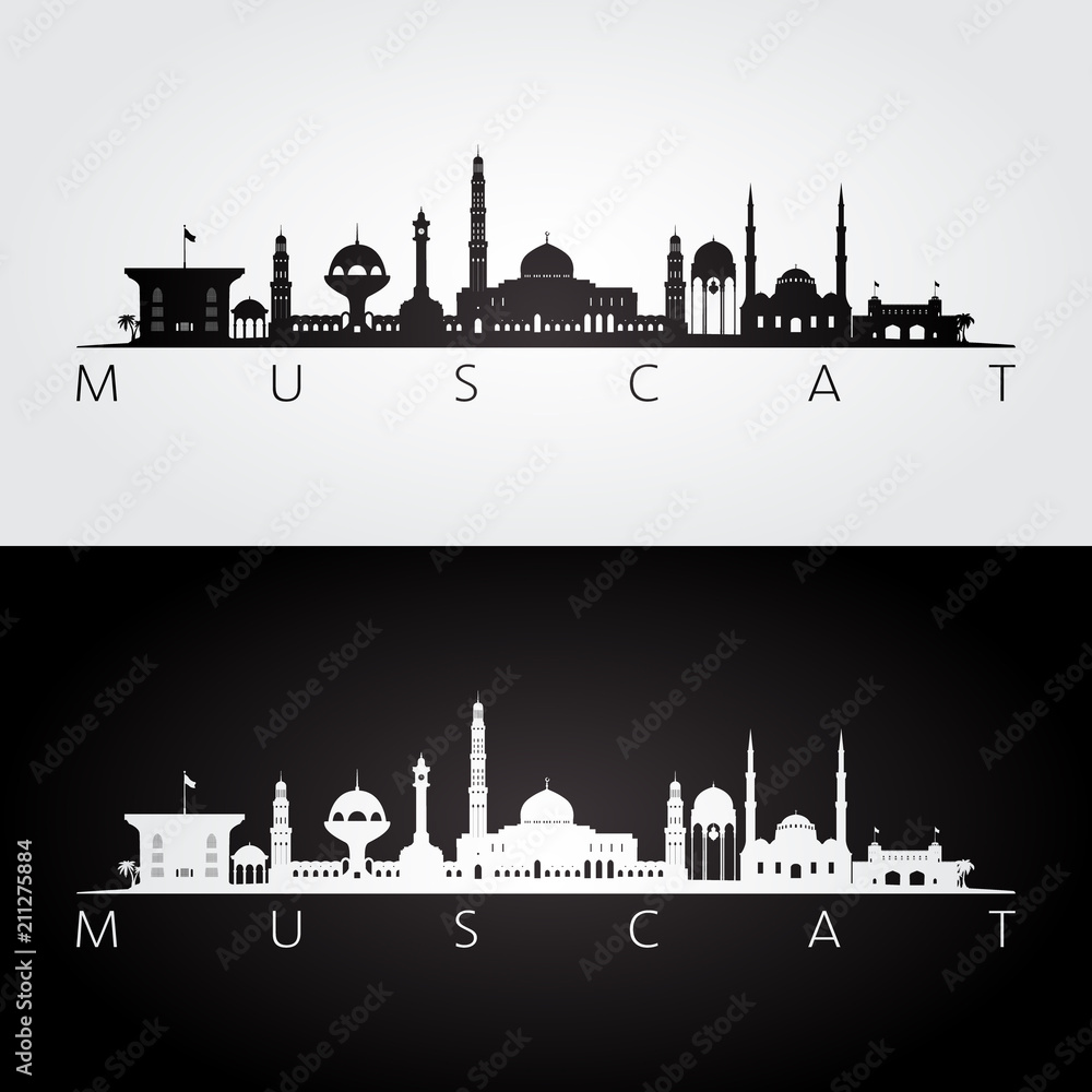 Muscat skyline and landmarks silhouette, black and white design, vector illustration.