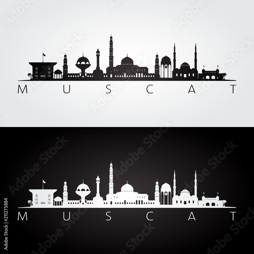 Muscat skyline and landmarks silhouette, black and white design, vector illustration.
