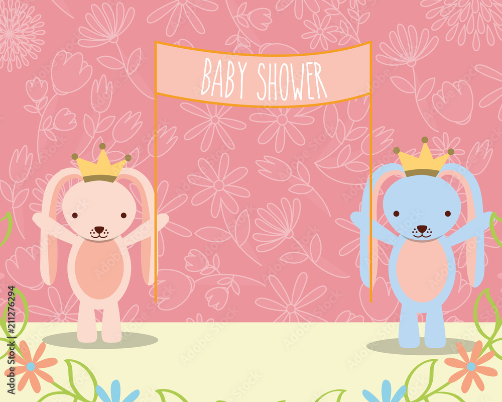 baby shower pink and blue bunnies with placard flowers baby shower pink and blue bunnies with placard flowers