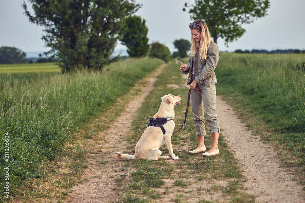 Junge Frau unterrichtet ihren Hund Junge Frau unterrichtet ihren Hund