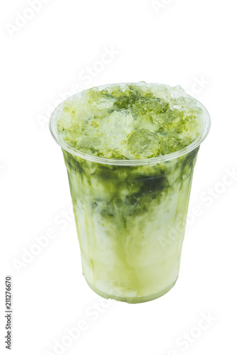 isolated matcha green tea milk with ice in plastic takeaway cup on white background