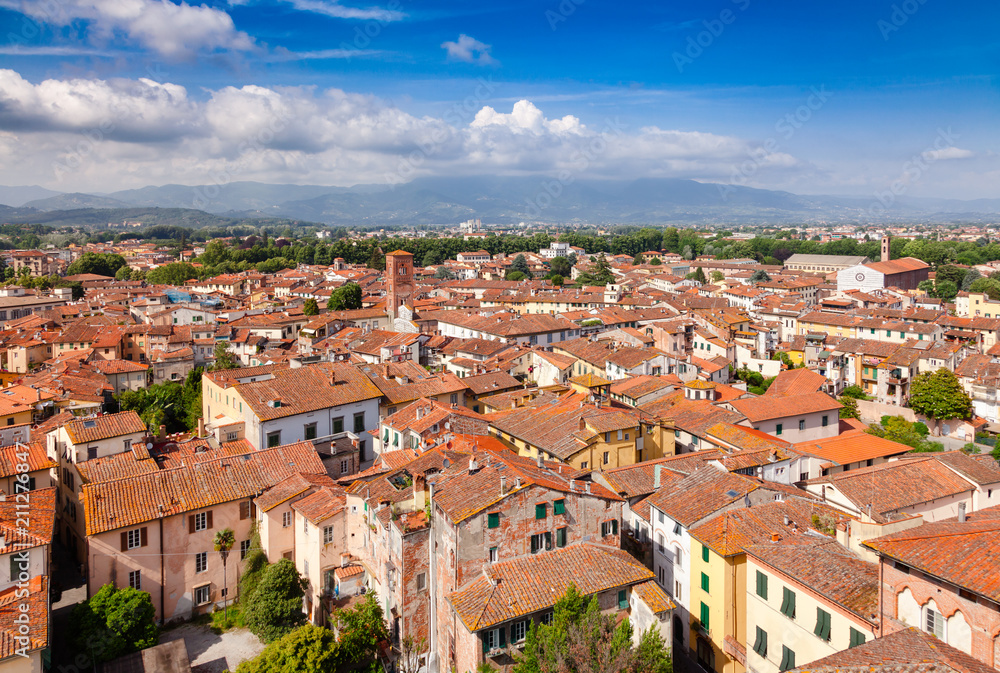 Lucca old town rooftop cityscape Tuscany Italy