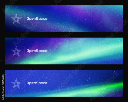 Set of horizontal banners with beautiful starry sky and Northern lights. Vector illustration with aurora borealis. Abstract colorful headers for website