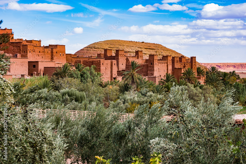 Ancient fortified village Ksar of Ait-Ben-Haddou or Benhaddou which is located along the former caravan route between the Sahara desert and Marrakesh