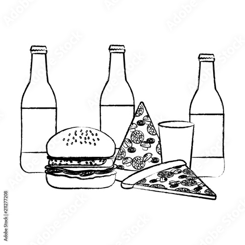 beer bottles with pizza and hamburgers icon over white background, vector illustration