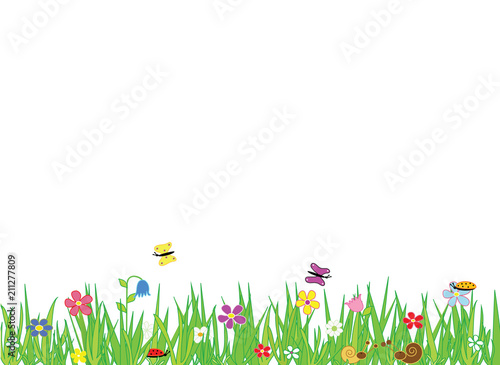 Meadow border with flowers and insects, place for text. Format vector and jpg.