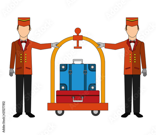 bellboys hotel worker with cart hotel and suitcases isolated icon vector illustration design