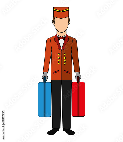 bellboy hotel worker with suitcases isolated icon vector illustration design