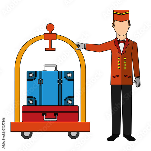 bellboy hotel worker with cart hotel and suitcases isolated icon vector illustration design