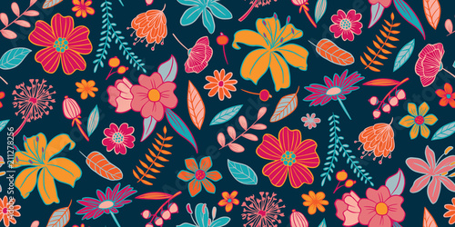 Floral blue background seamless pattern.