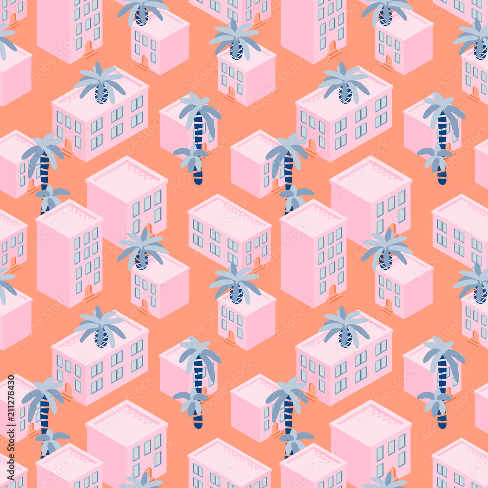 Pink house blocks seaside seamless vector pattern. Seaside town with palms on roofs pink background. Pink house blocks seaside seamless vector pattern. Seaside town with palms on roofs pink background.