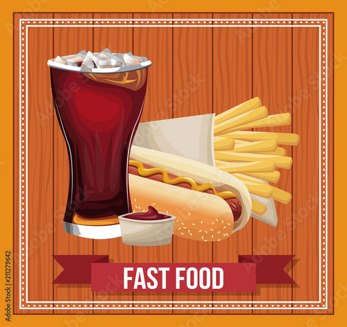 Fast food combo with ribbon banner over wooden background vector illustration graphic design