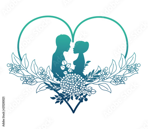 married couple silhouette with floral decoration in heart vector illustration design