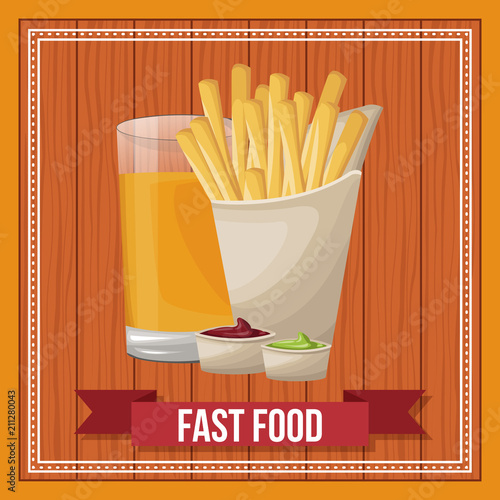 Fast food combo with ribbon banner over wooden background vector illustration graphic design