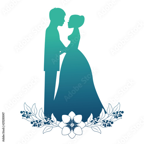 married couple silhouette with floral decoration vector illustration design