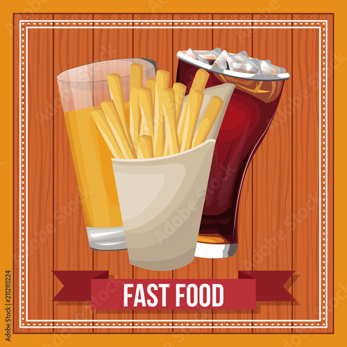 Fast food combo with ribbon banner over wooden background vector illustration graphic design