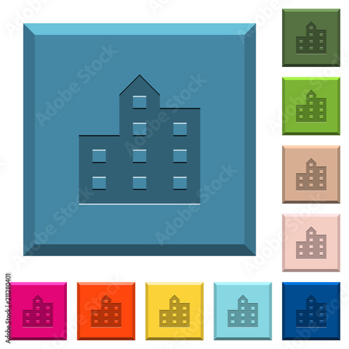 City silhouette engraved icons on edged square buttons