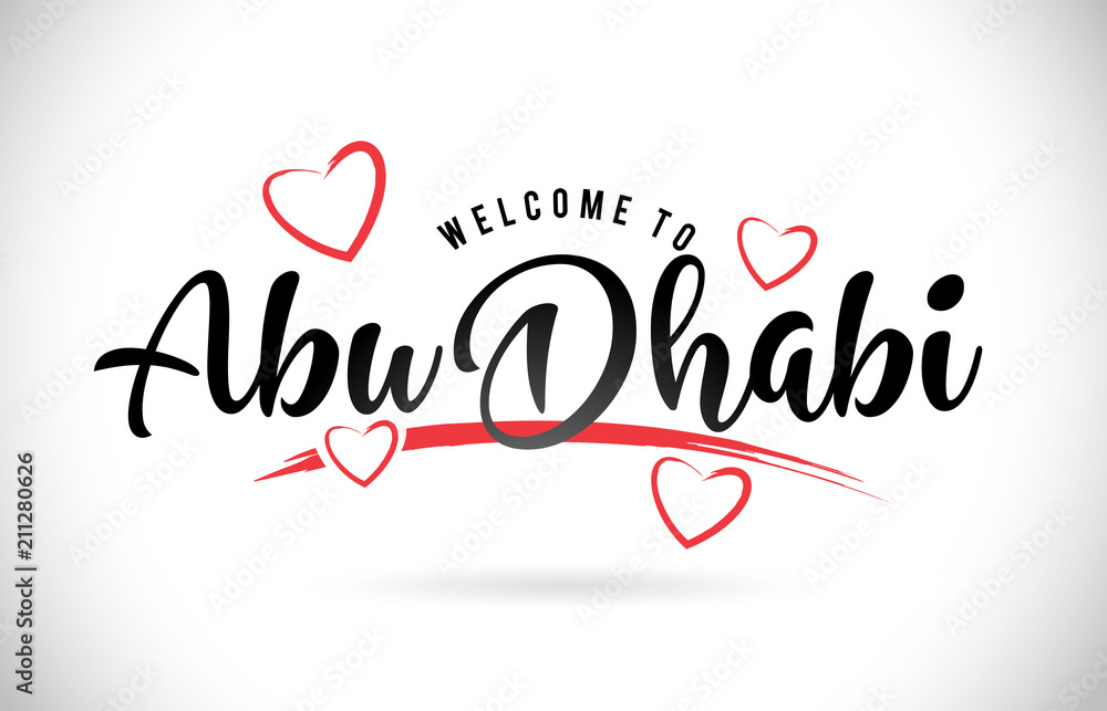 AbuDhabi Welcome To Word Text with Handwritten Font and Red Love Hearts.