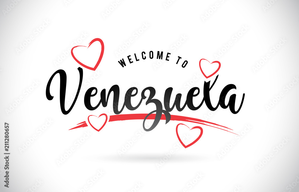 Venezuela Welcome To Word Text with Handwritten Font and Red Love Hearts. Venezuela Welcome To Word Text with Handwritten Font and Red Love Hearts.
