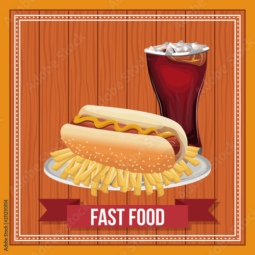 Fast food combo with ribbon banner over wooden background vector illustration graphic design photo