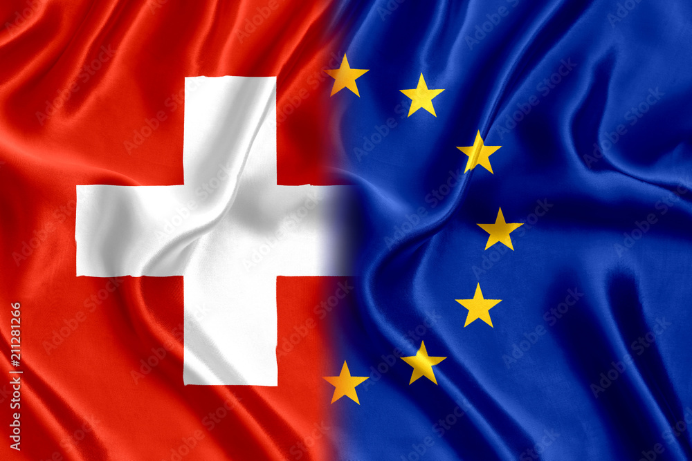 Flag of Switzerland and the European Union silk - obrazy, fototapety, plakaty 