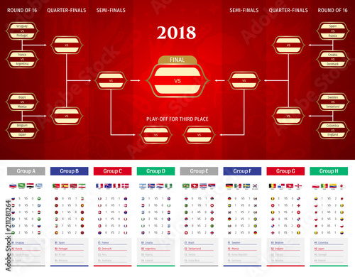 Football/soccer Match schedule vector illustration with last table score, standings and round of 16 large. Tableau des Matches - RUSSIE 2018.