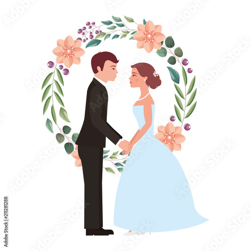 married couple with floral decoration icon vector illustration design