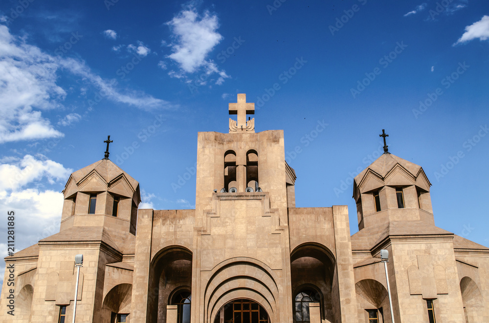 View of the main entrance and bell tower of the Cathedral of Grigor Illuminator from Tigran Metz street in Yerevan, the capital of Armenia





