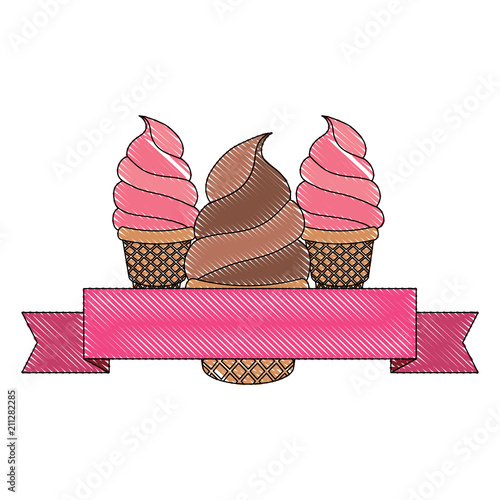 emblen with decorative ribbon and ice cream cones icon over white background, vector illustration