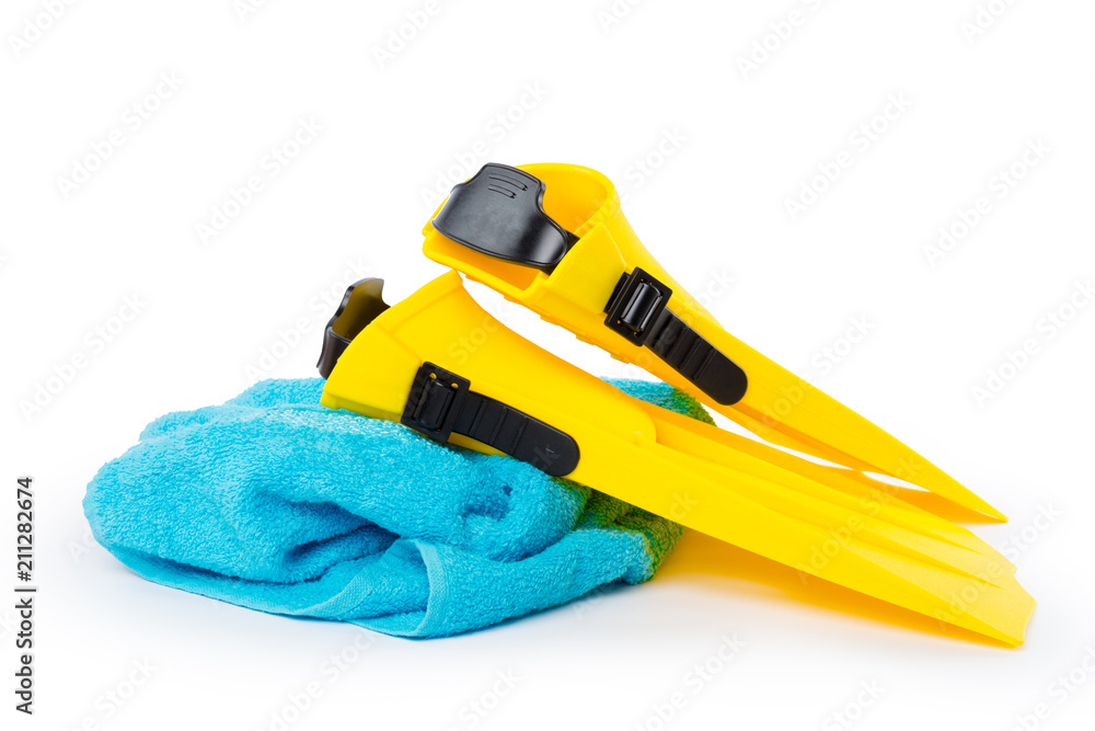 Fototapeta premium Diving equipment goggles,snorkel and flippers on white background.